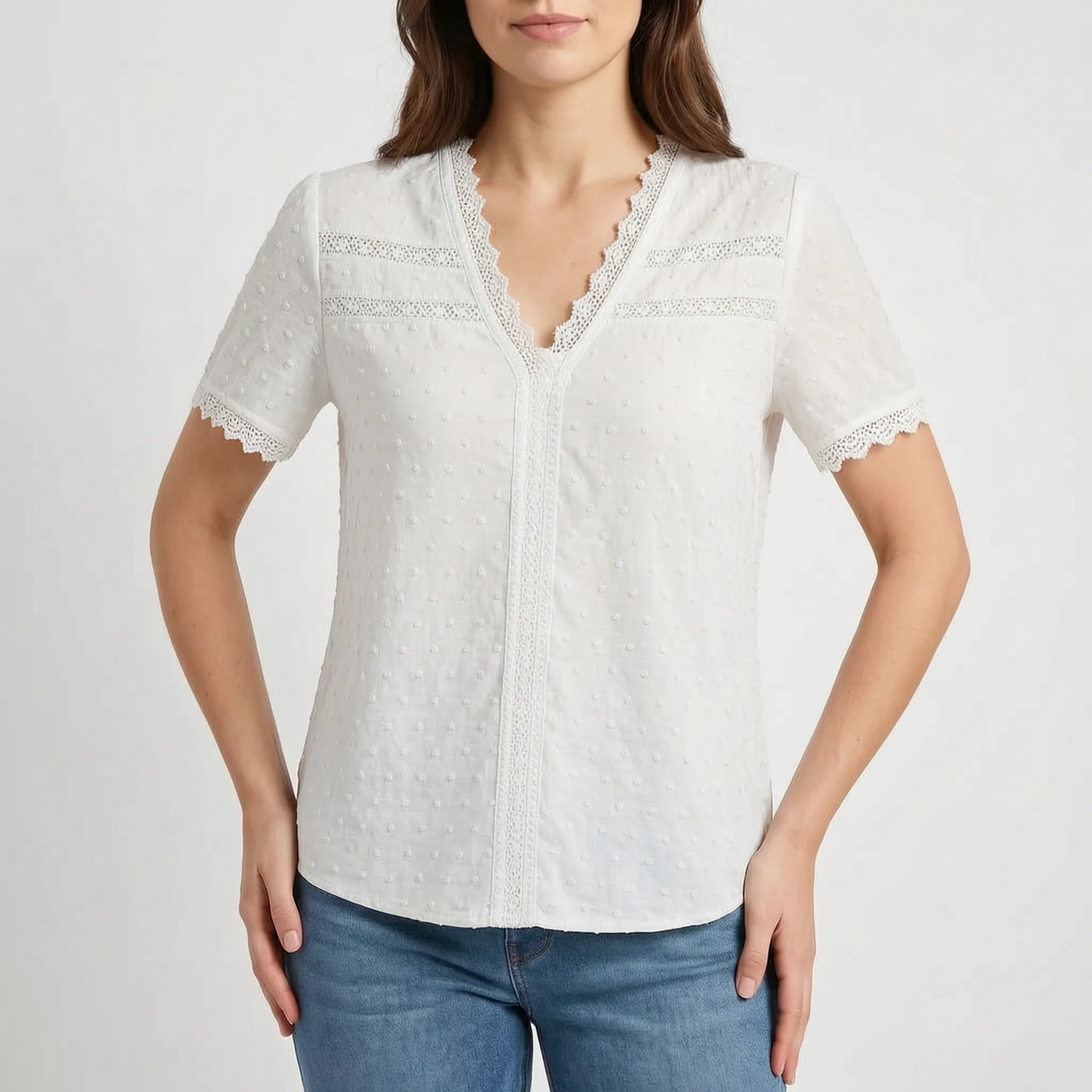 Lacetti - Textured V-Neck Short Sleeve Womens Blouse