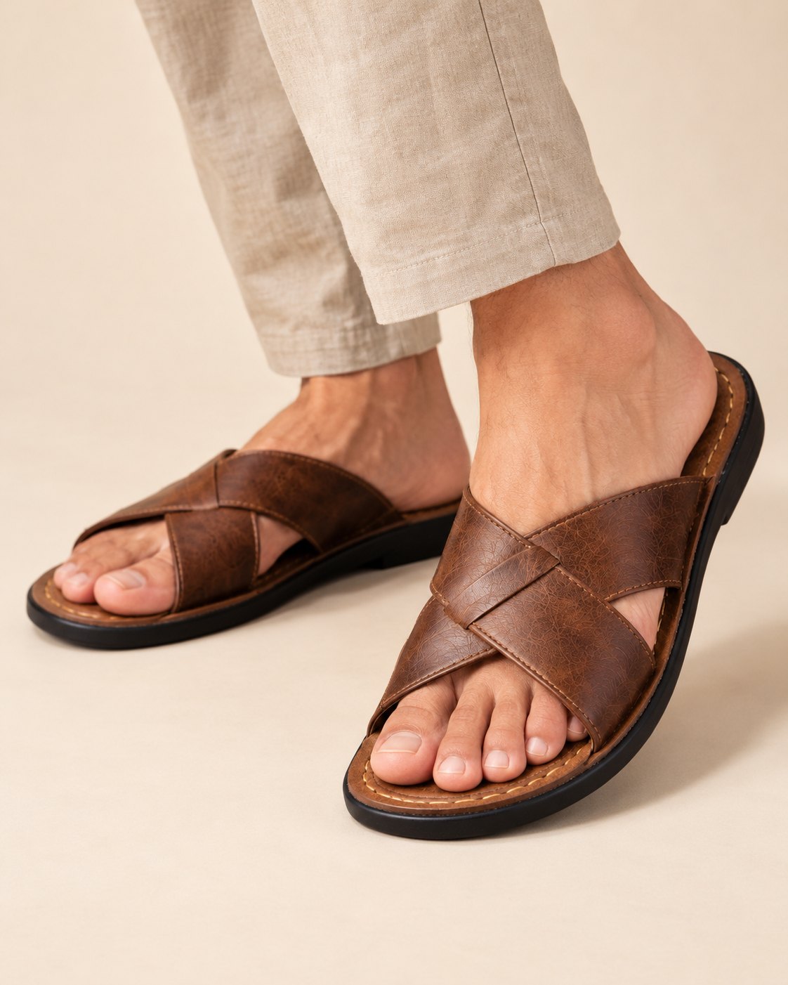 A pair of men's brown leather slide sandals with crisscross straps, shown on a model wearing beige linen pants against a warm beige background.
