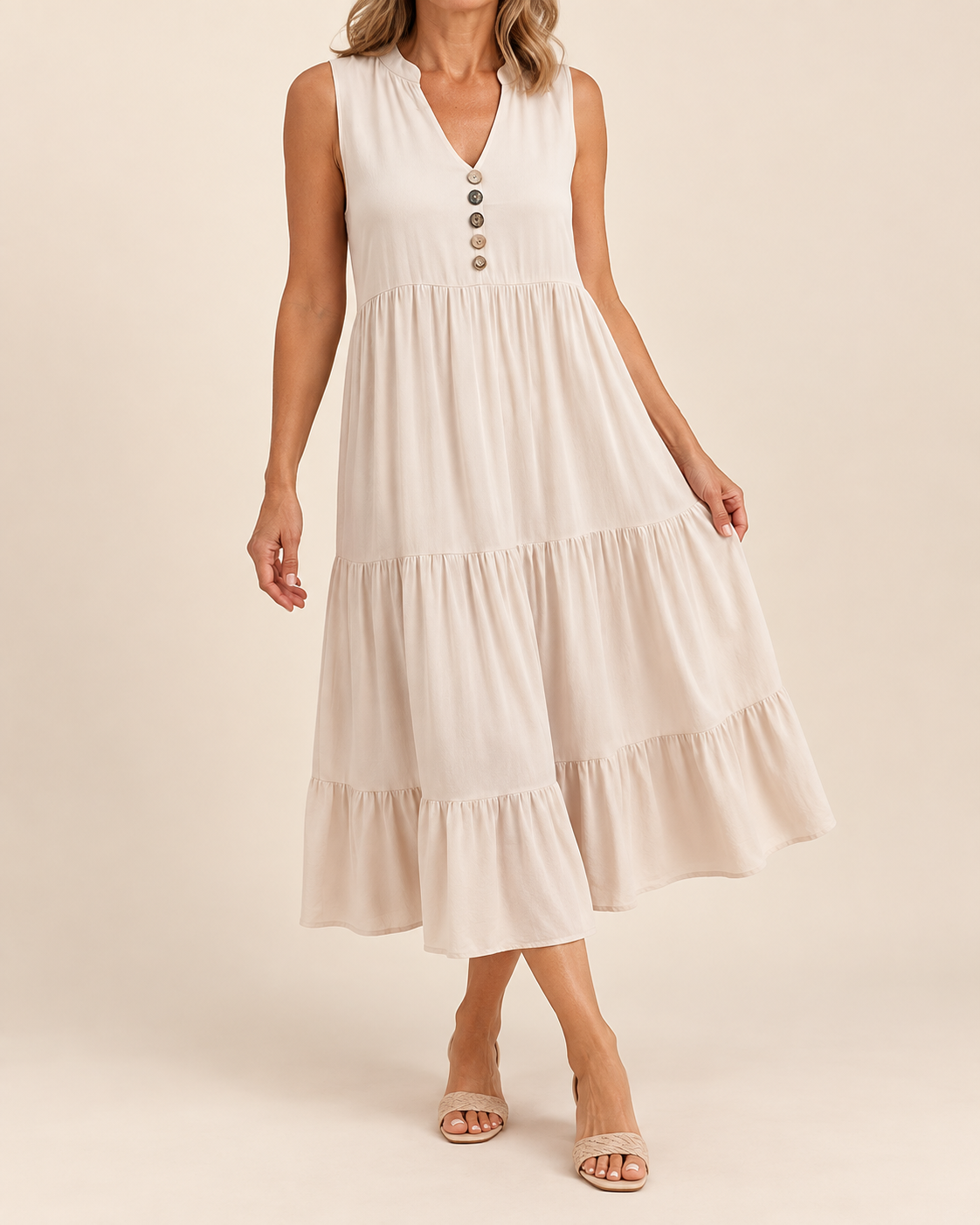 A woman wearing a sleeveless tiered midi dress in a light cream or off-white color, featuring a V-neckline with decorative buttons down the front. The dress has a gathered waist and ruffled tiers.