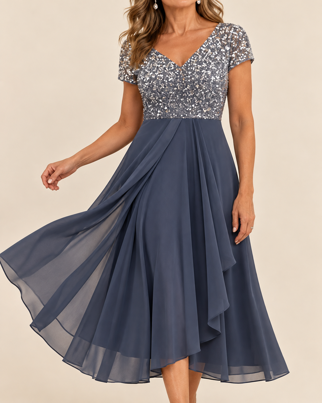 A woman wearing a navy blue midi dress with a sequined silver bodice and sheer layered skirt, posed against a solid beige background.
