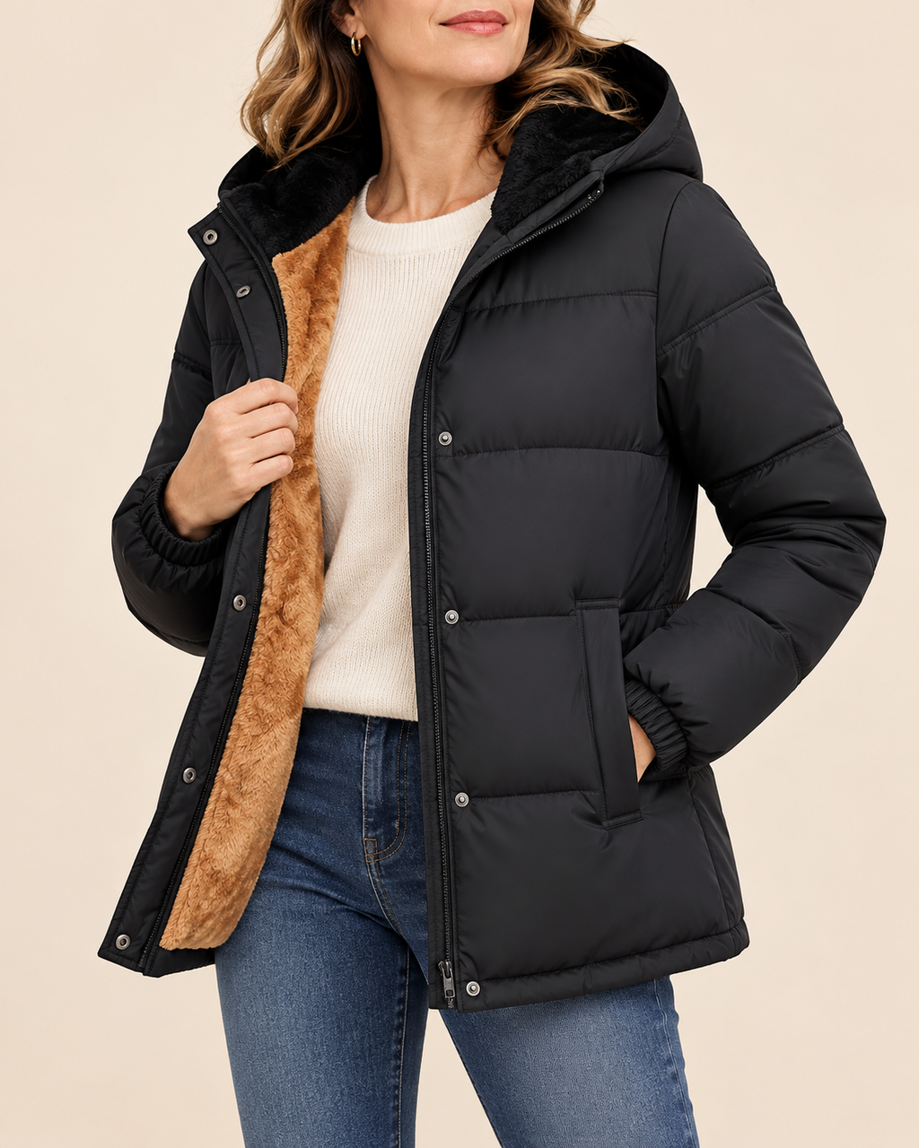 A woman wearing a black puffer jacket with a tan faux-fur lining, paired with a cream ribbed sweater and blue jeans, against a solid beige background.