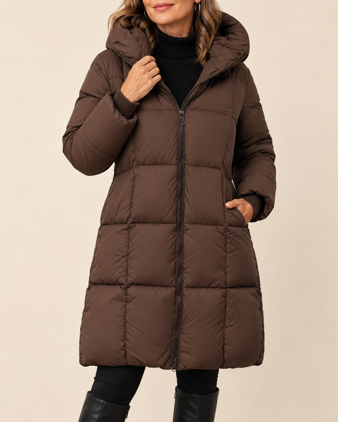 A woman wearing a long, dark brown puffer coat with a hood and front zipper, paired with a black turtleneck and black boots, against a solid beige background.