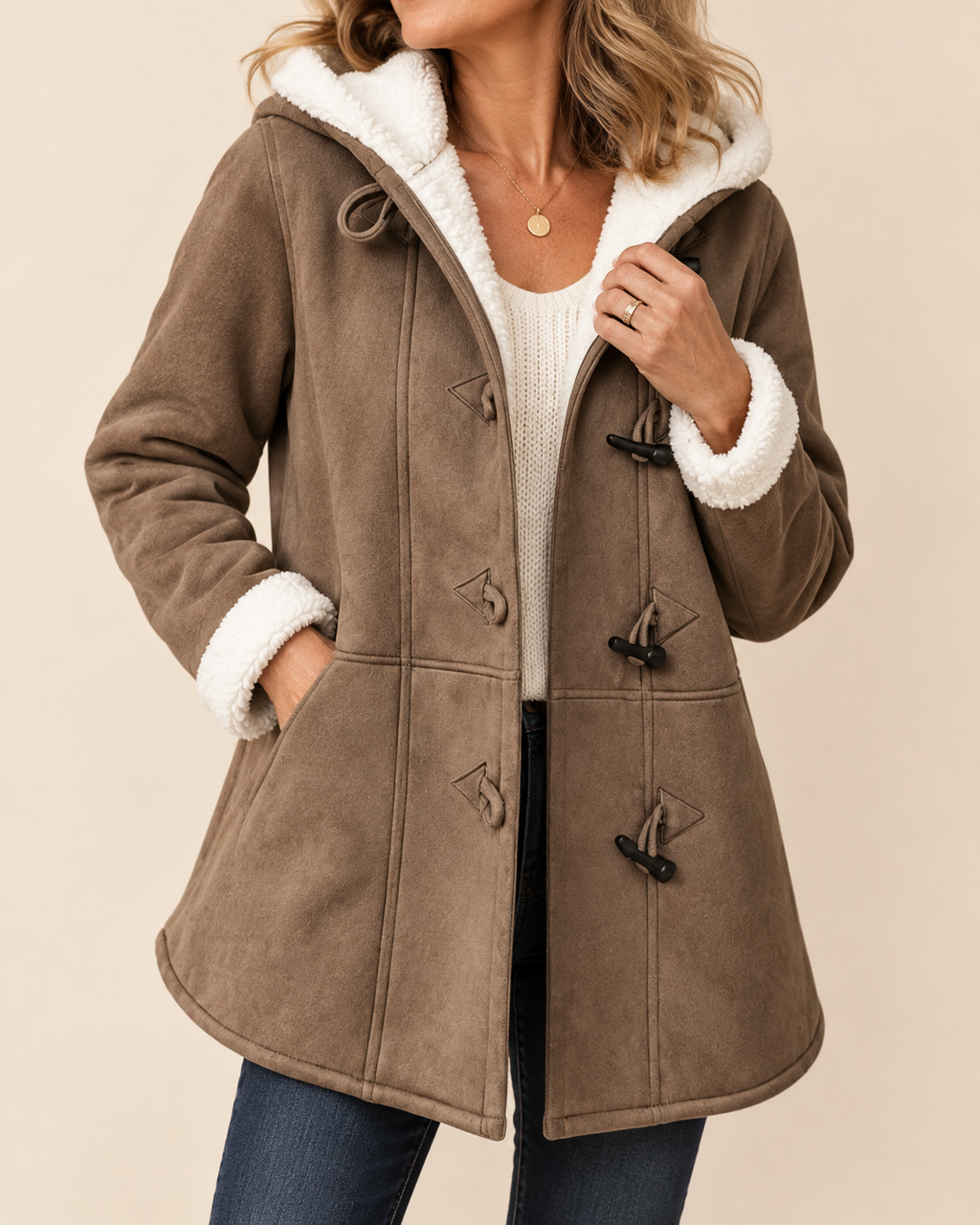 A woman wearing a brown faux-suede hooded duffel coat with white sherpa lining on the hood, cuffs, and pockets, styled over a white knit sweater and blue jeans against a solid beige background.