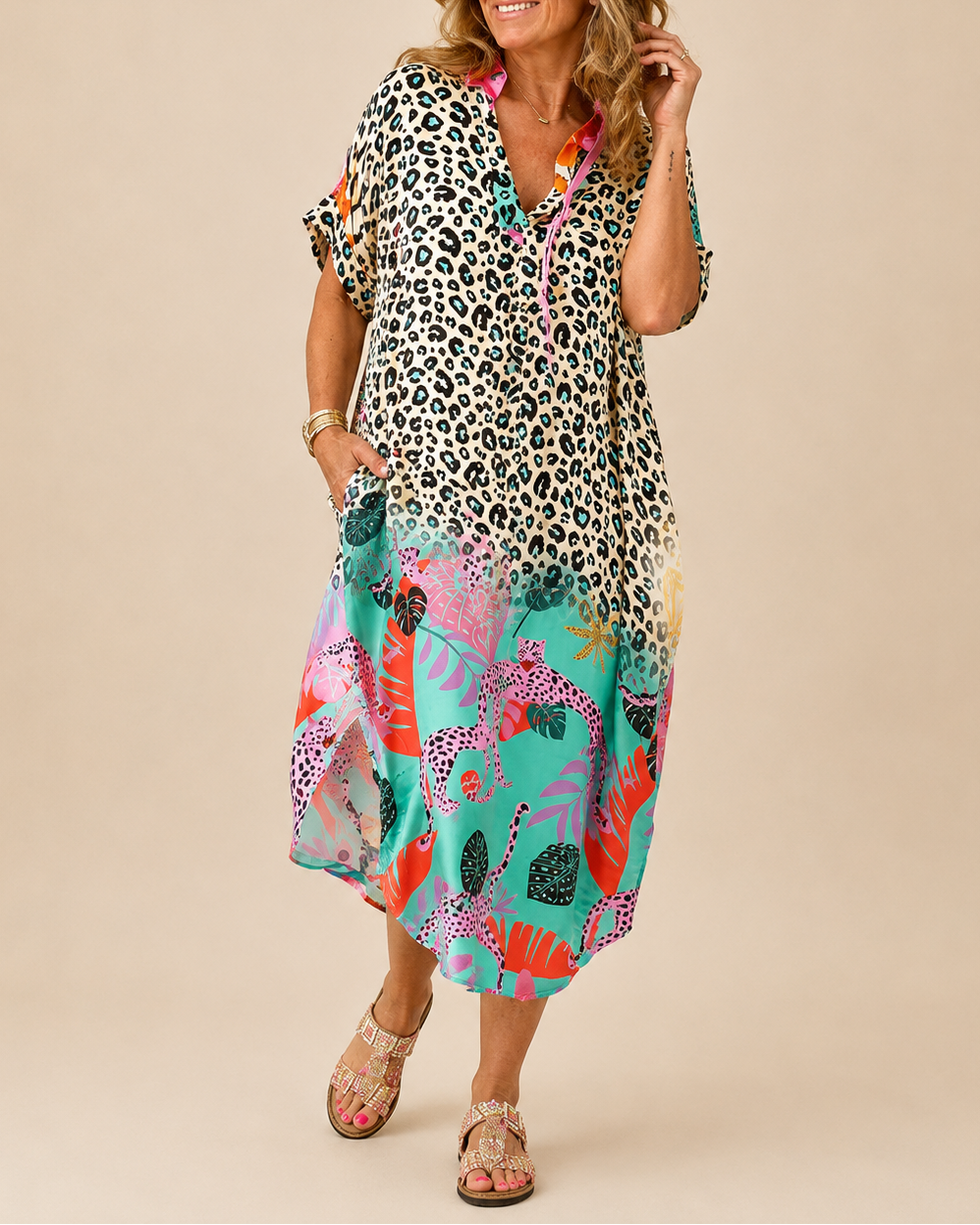Petra | Women's Leopard Print Midi Dress with Colourful Hem