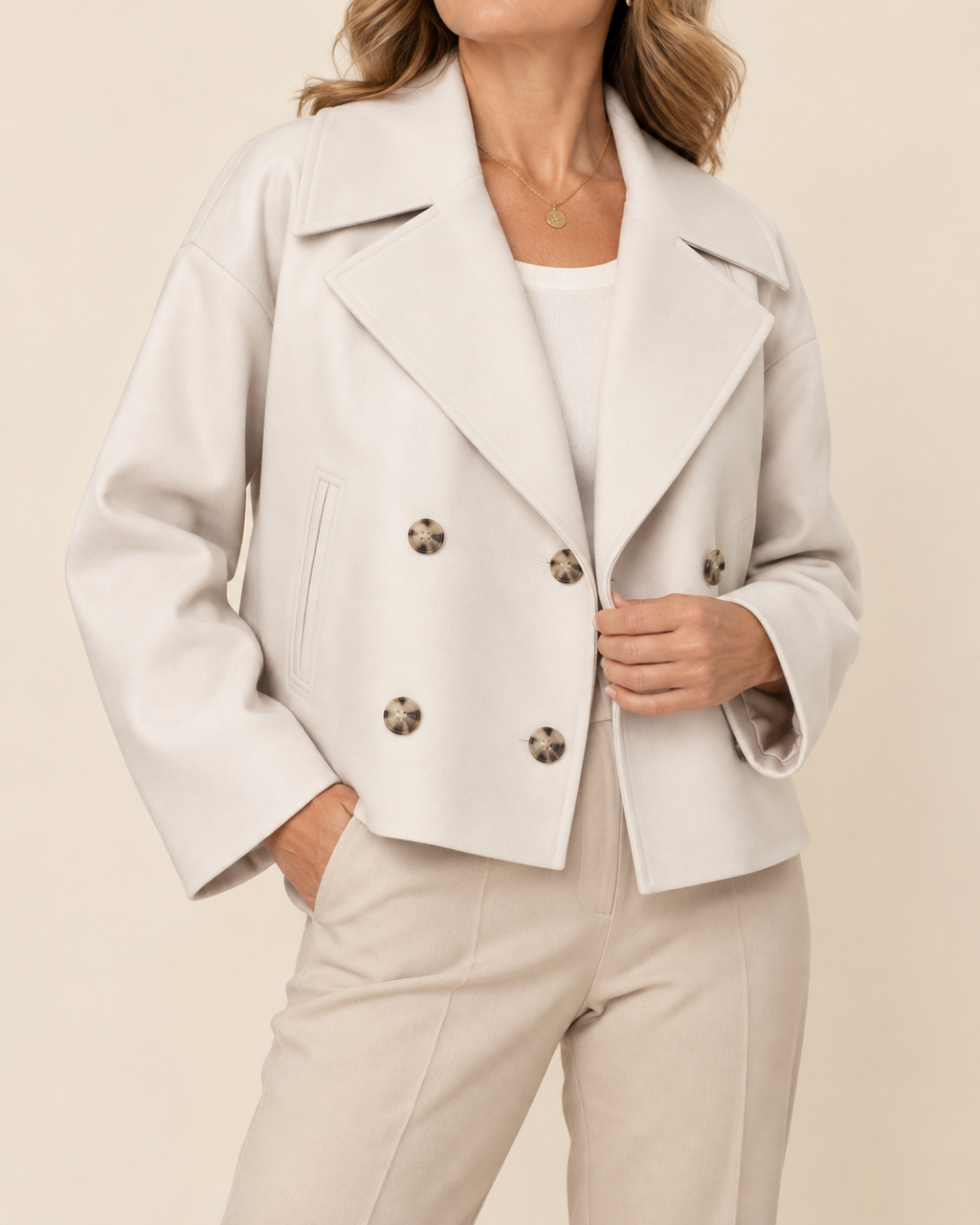 A woman wearing a light beige double-breasted blazer with leopard-print buttons, paired with matching beige trousers and a white top, against a solid beige background.