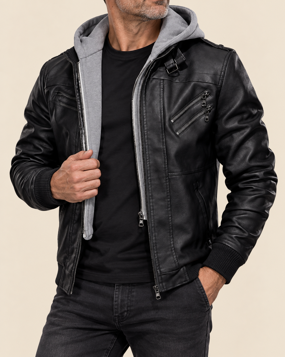 Sienna | Men's Faux Leather Jacket with Hoodie