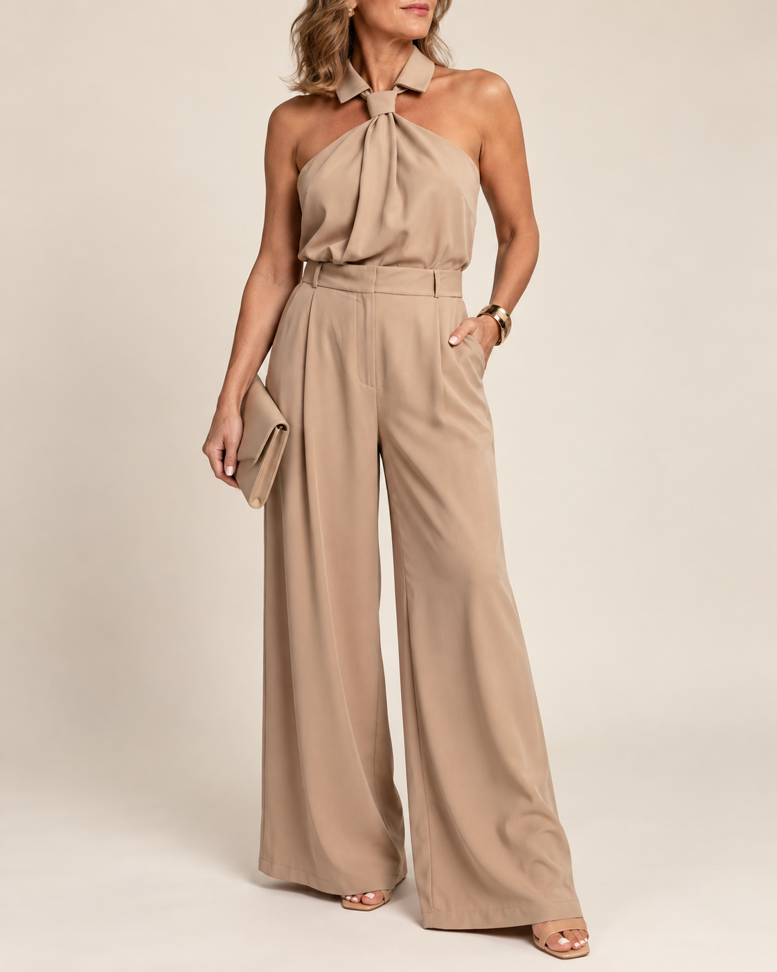 A woman models a beige halter-neck jumpsuit with a tie detail at the collar and wide-leg pants, holding a matching clutch against a plain beige studio background.