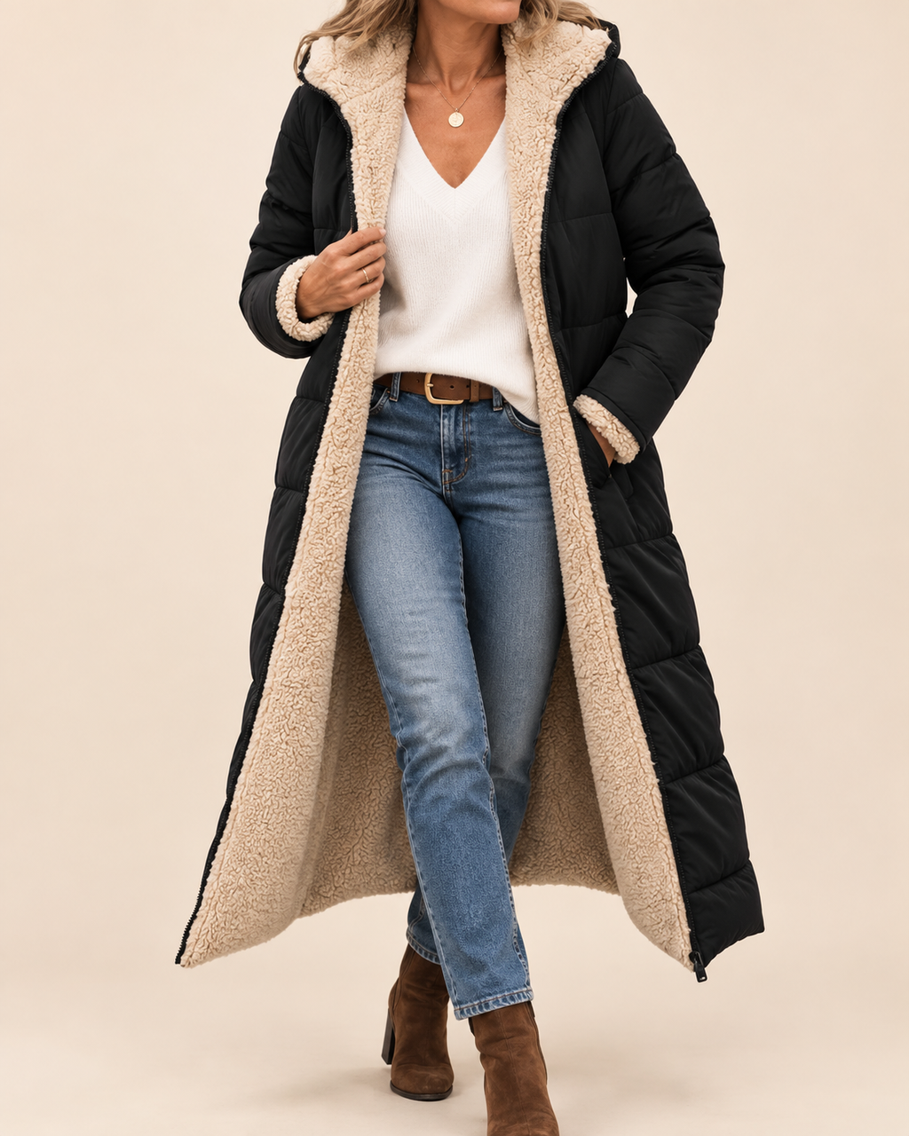 A woman models a long black puffer coat with a thick beige sherpa lining, styled with a white V-neck top, blue jeans, and brown ankle boots against a solid beige background.