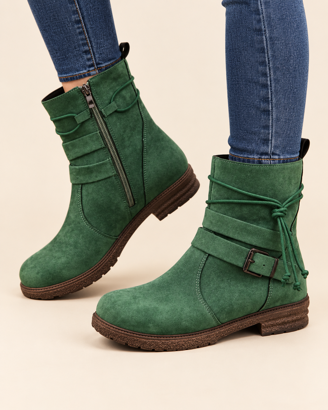 A pair of green suede ankle boots with side zippers, buckle straps, and wraparound laces, shown on a model wearing blue jeans against a light beige background.