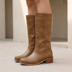 Velvea - Tan Knee High Boots With Block Heel