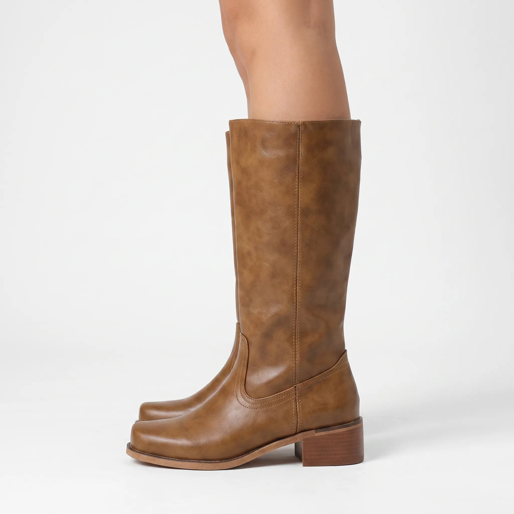 Velvea - Tan Knee High Boots With Block Heel