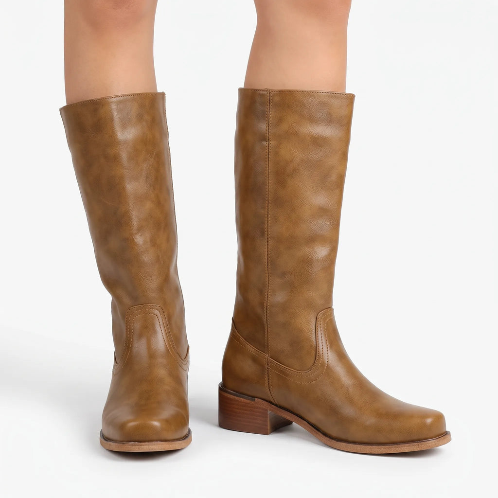 Velvea - Tan Knee High Boots With Block Heel
