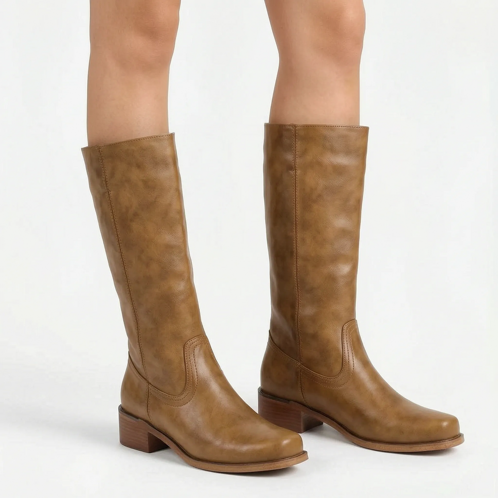 Velvea - Tan Knee High Boots With Block Heel