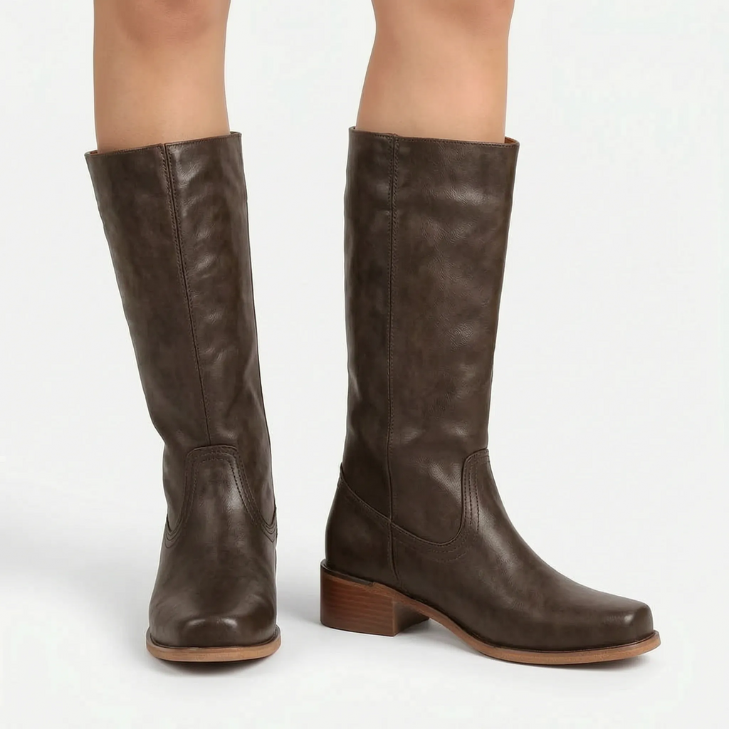 Velvea - Tan Knee High Boots With Block Heel