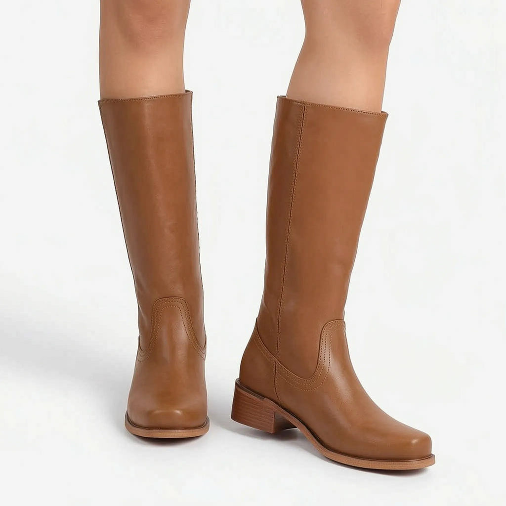 Velvea - Tan Knee High Boots With Block Heel