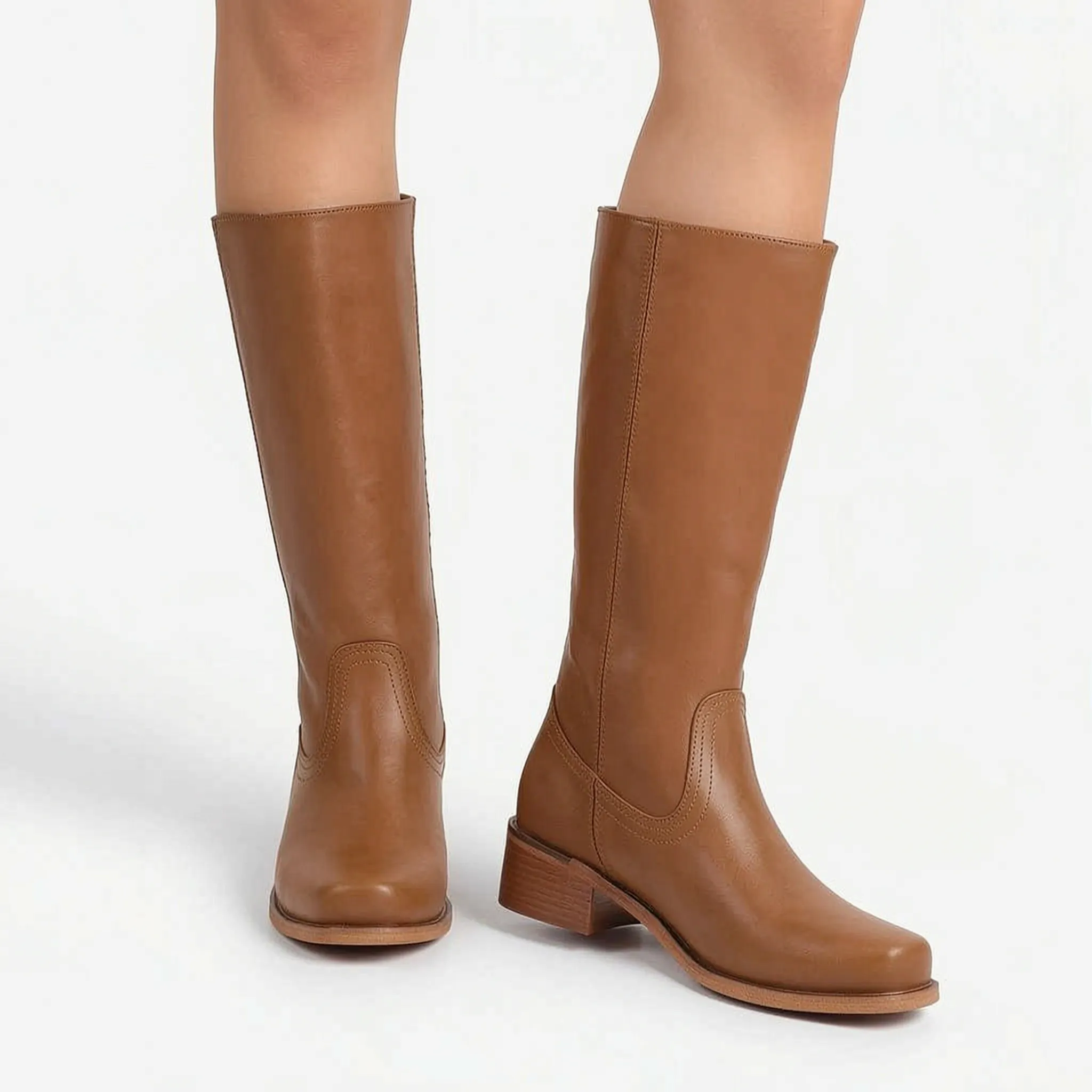 Velvea - Tan Knee High Boots With Block Heel