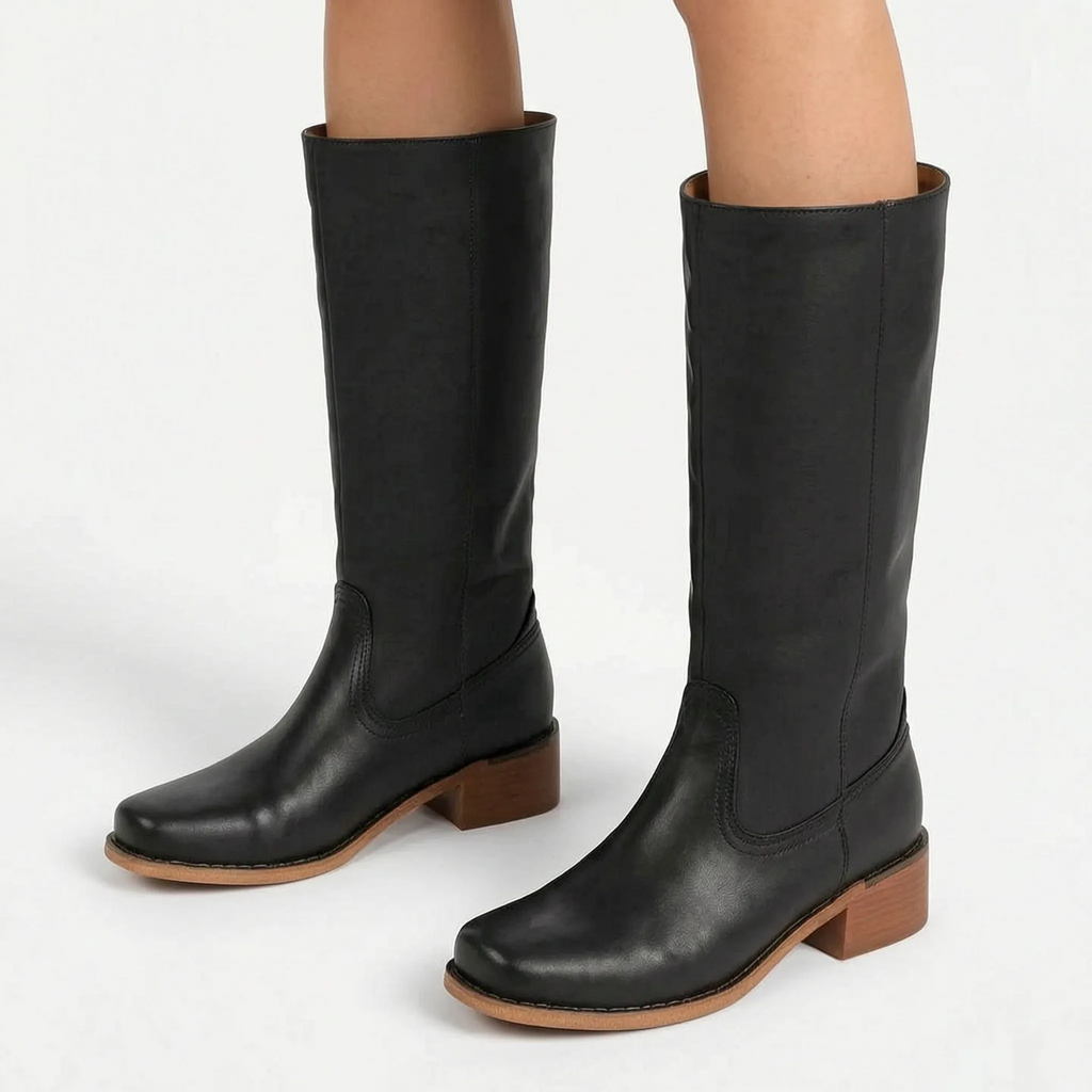 Velvea - Tan Knee High Boots With Block Heel