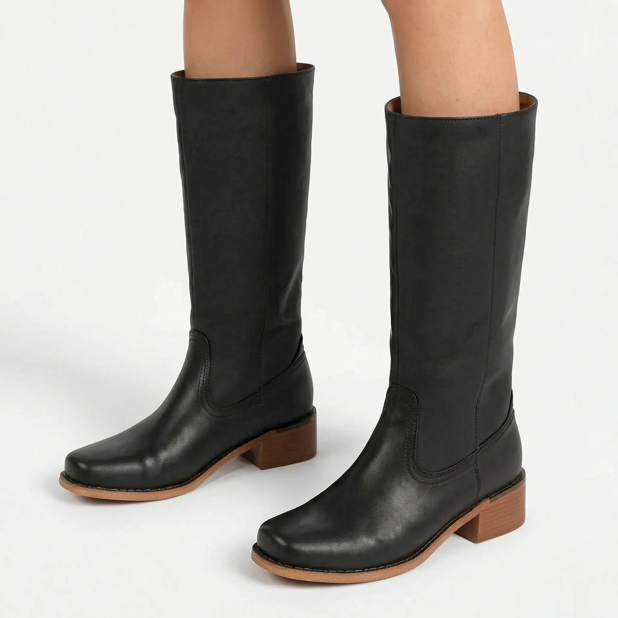 Velvea - Tan Knee High Boots With Block Heel