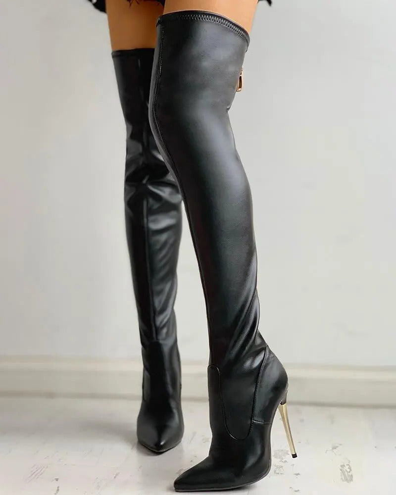 Althea - Women's Chic Thigh High Stiletto Boots with Zip Detailing