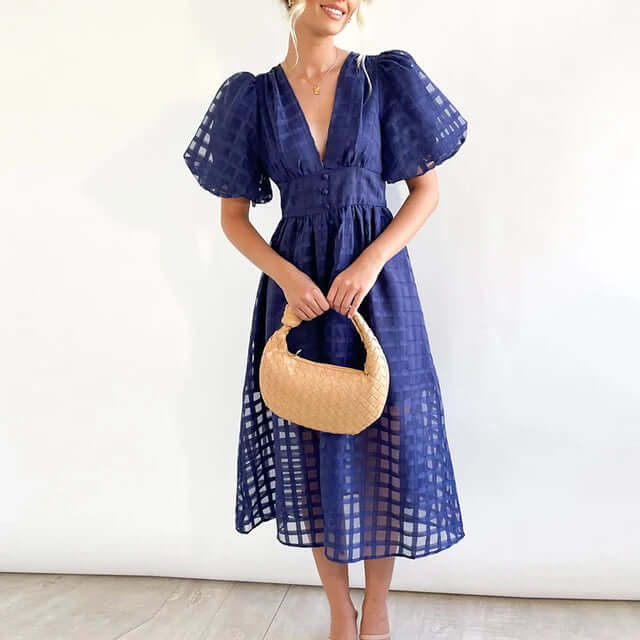 Amara - Women's Elegant Puff Sleeve Midi Dress