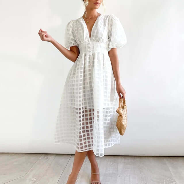 Amara - Women's Elegant Puff Sleeve Midi Dress