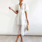 Amara - Women's Elegant Puff Sleeve Midi Dress