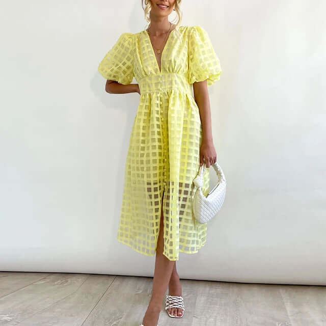 Amara - Women's Elegant Puff Sleeve Midi Dress