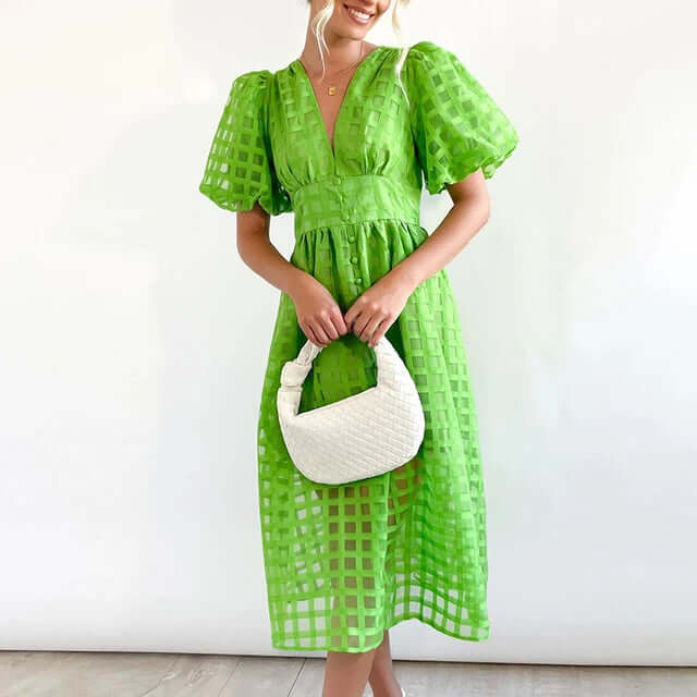 Amara - Women's Elegant Puff Sleeve Midi Dress