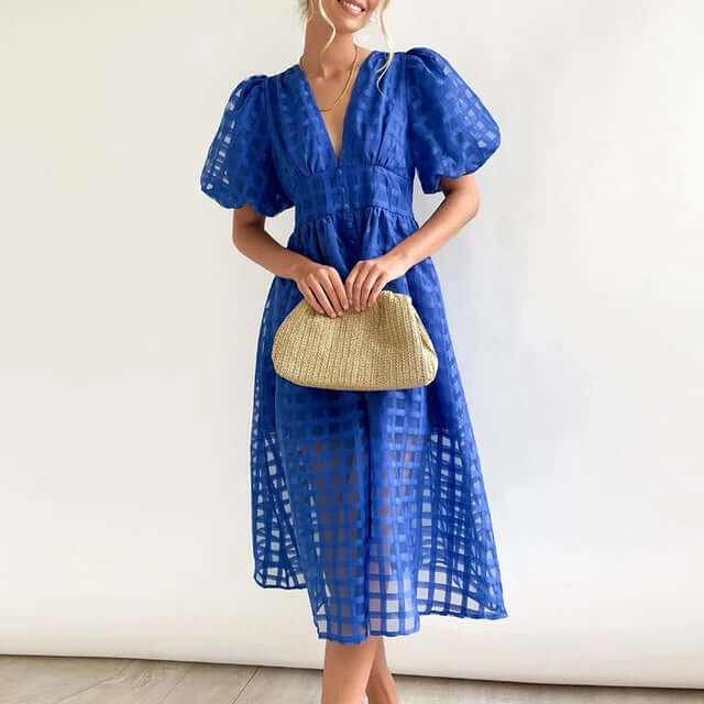 Amara - Women's Elegant Puff Sleeve Midi Dress