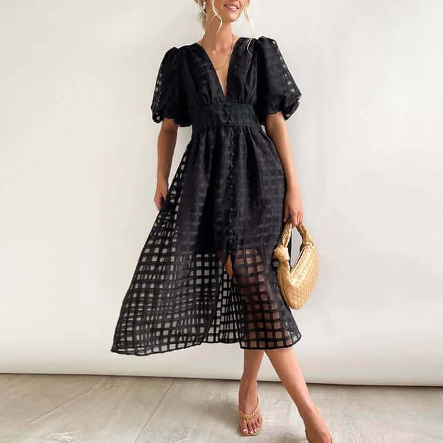 Amara - Women's Elegant Puff Sleeve Midi Dress
