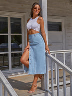 Aria - Women's Button Detail Denim Midi Skirt