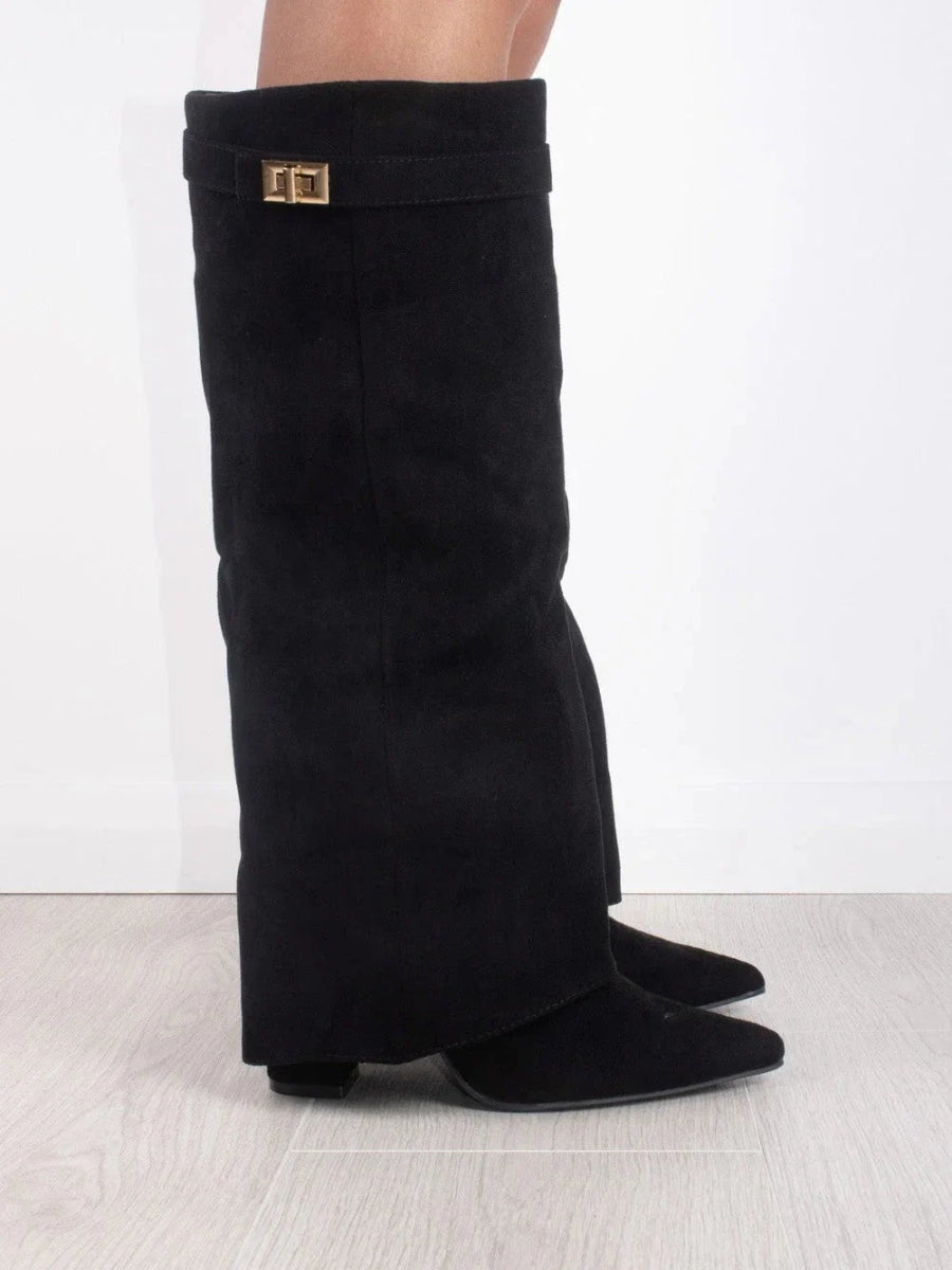 Aria - Women's Knee High Faux Leather Boots with Gold-Tone Buckle