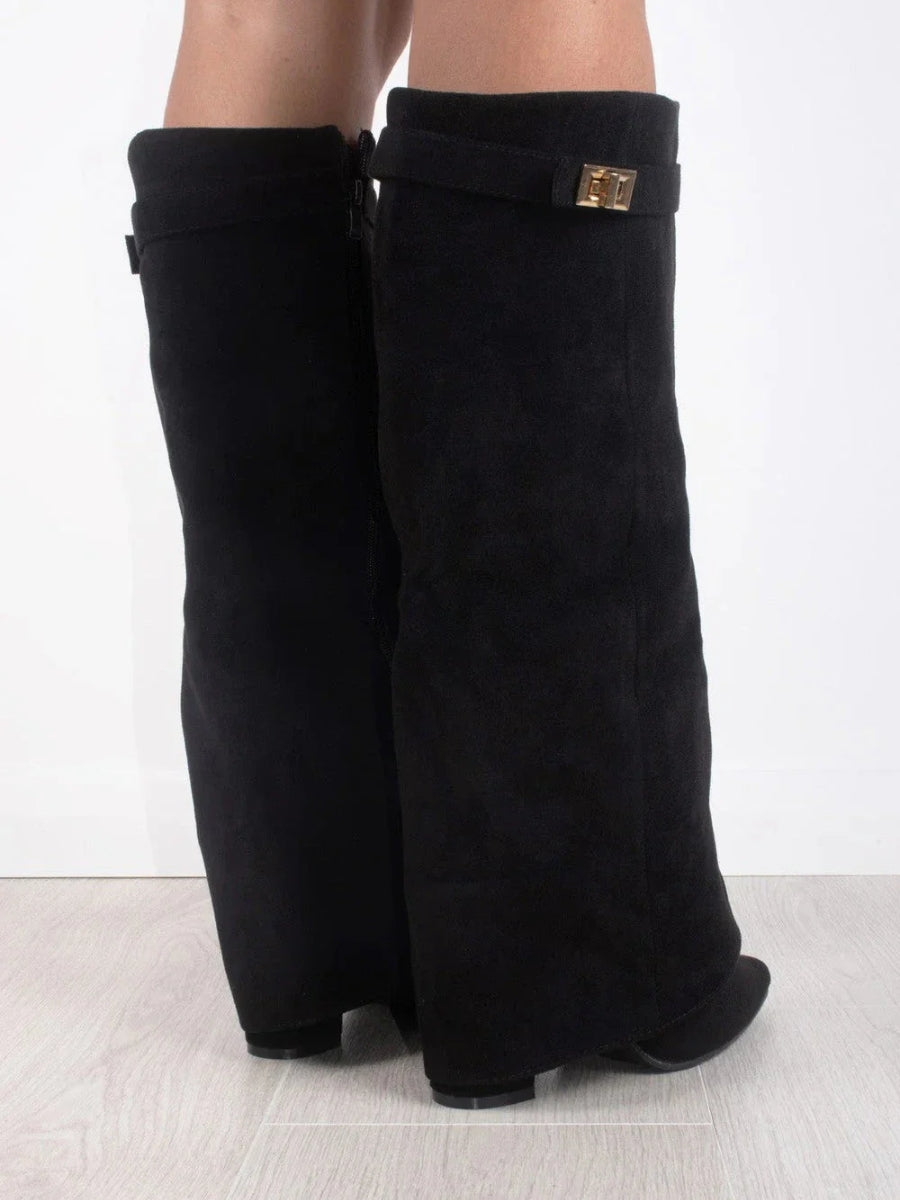 Aria - Women's Knee High Faux Leather Boots with Gold-Tone Buckle