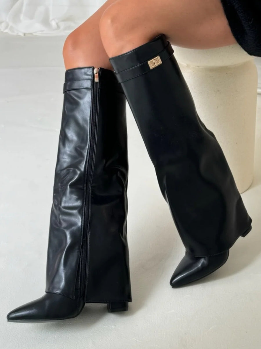 Aria - Women's Knee High Faux Leather Boots with Gold-Tone Buckle