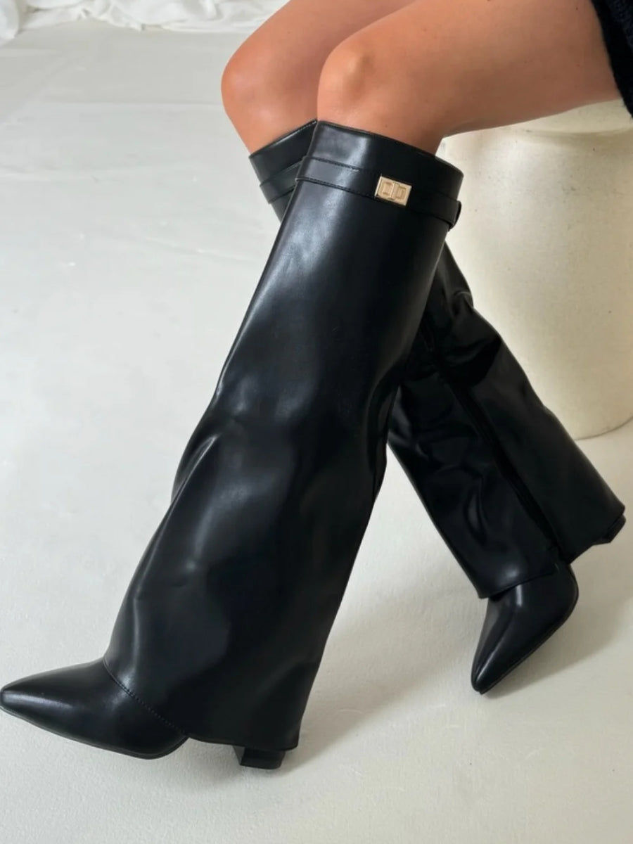 Aria - Women's Knee High Faux Leather Boots with Gold-Tone Buckle
