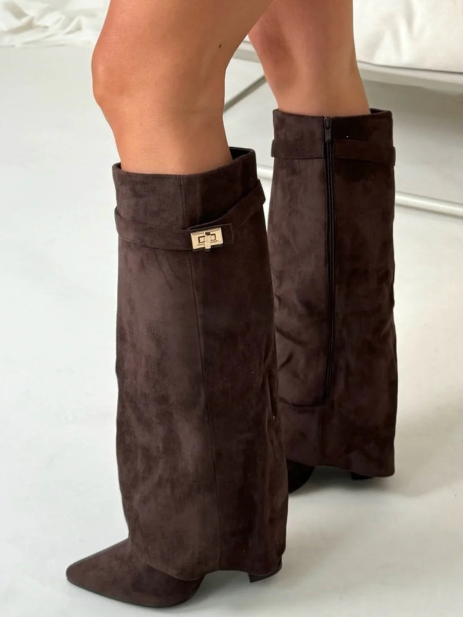 Aria - Women's Knee High Faux Leather Boots with Gold-Tone Buckle