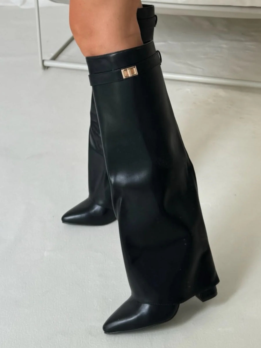 Aria - Women's Knee High Faux Leather Boots with Gold-Tone Buckle