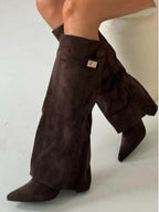 Aria - Women's Knee High Faux Leather Boots with Gold-Tone Buckle