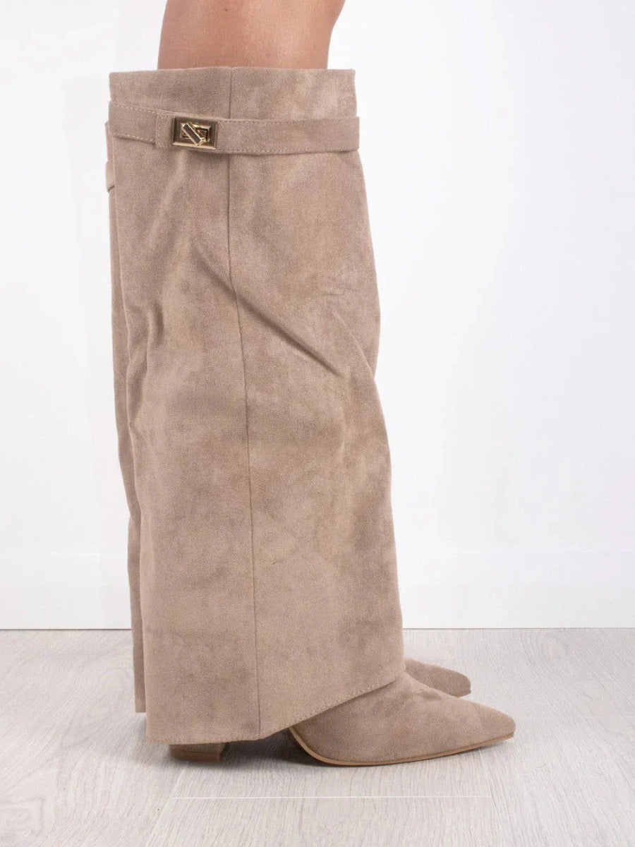 Aria - Women's Knee High Faux Leather Boots with Gold-Tone Buckle