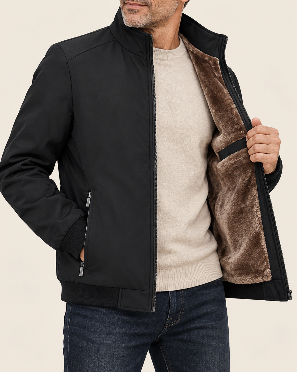 A man wearing a black zip-front jacket with a brown faux-fur lined interior, layered over a beige sweater and blue jeans, against a plain light beige background.
