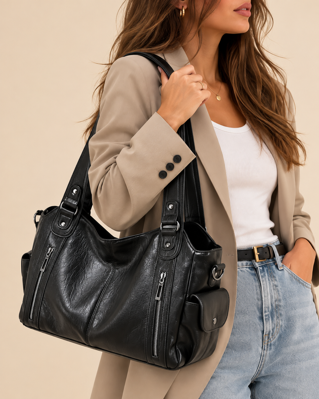 Callista | Women's Oversized Shoulder Bag with Zipper Details