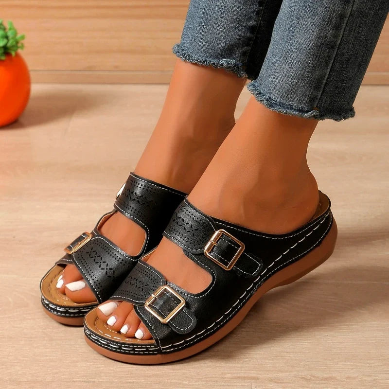 Celeste - Women's Casual Wedge Sandals with Buckle Detail
