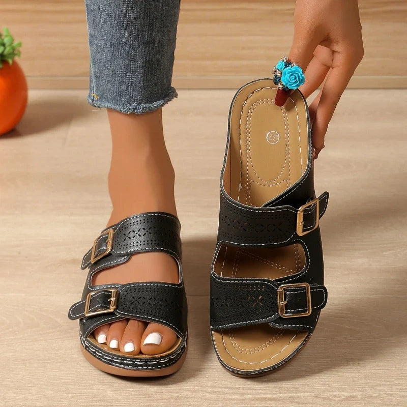 Celeste - Women's Casual Wedge Sandals with Buckle Detail