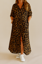 Elara - Women's Leopard Print Maxi Dress with Button Detail