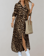 Elara - Women's Leopard Print Maxi Dress with Button Detail