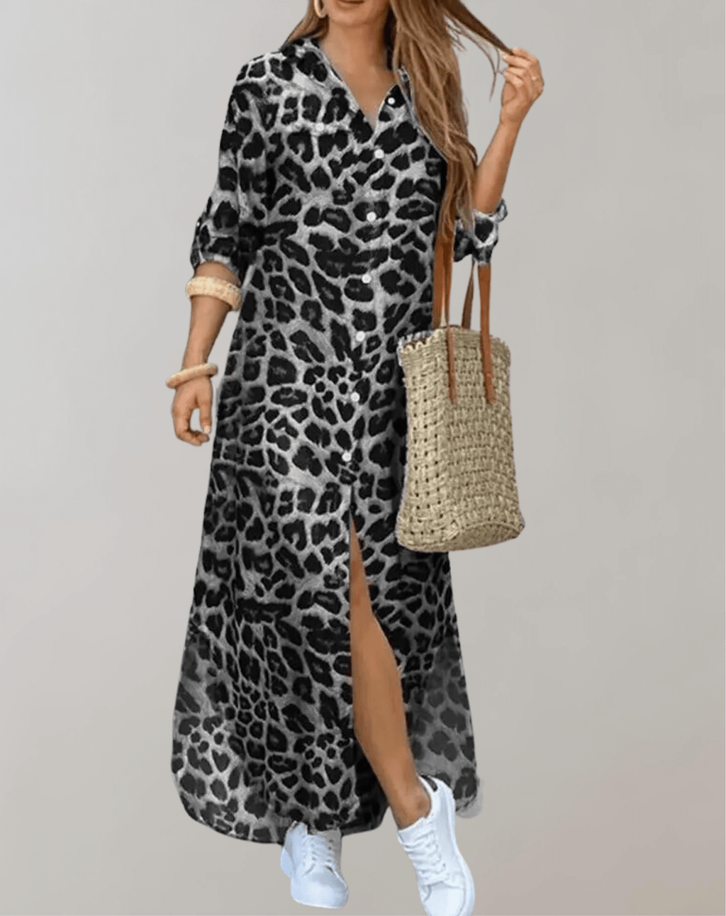 Elara - Women's Leopard Print Maxi Dress with Button Detail