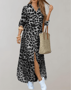 Elara - Women's Leopard Print Maxi Dress with Button Detail
