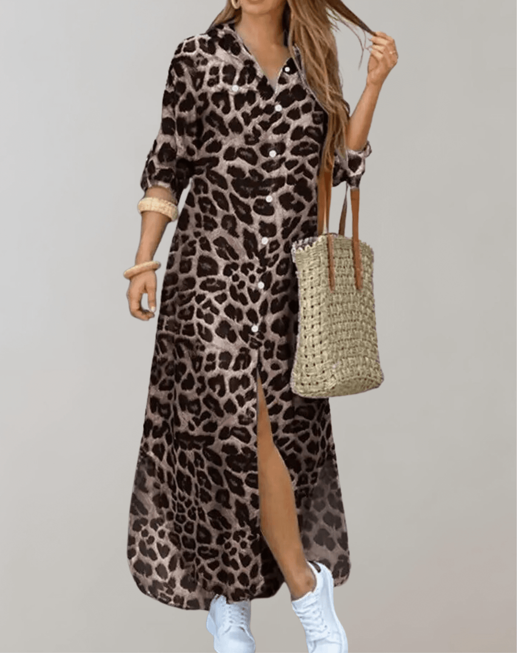 Elara - Women's Leopard Print Maxi Dress with Button Detail