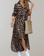 Elara - Women's Leopard Print Maxi Dress with Button Detail