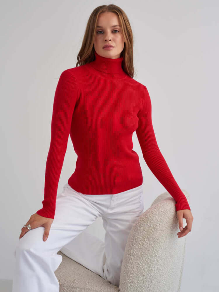 Elodie - Women's Ribbed Knitted Polo Neck Jumper
